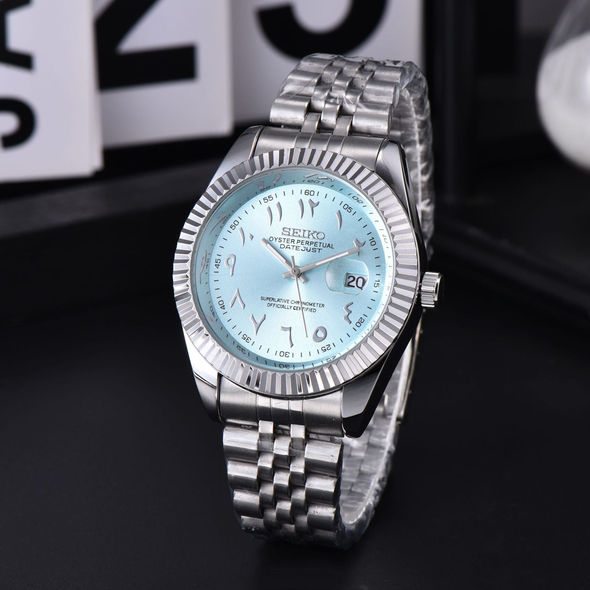 Men's Silver Luxury Dress Watch | Fluted Bezel Arabic Numeral Black Dial Jubilee Bracelet Date Watch