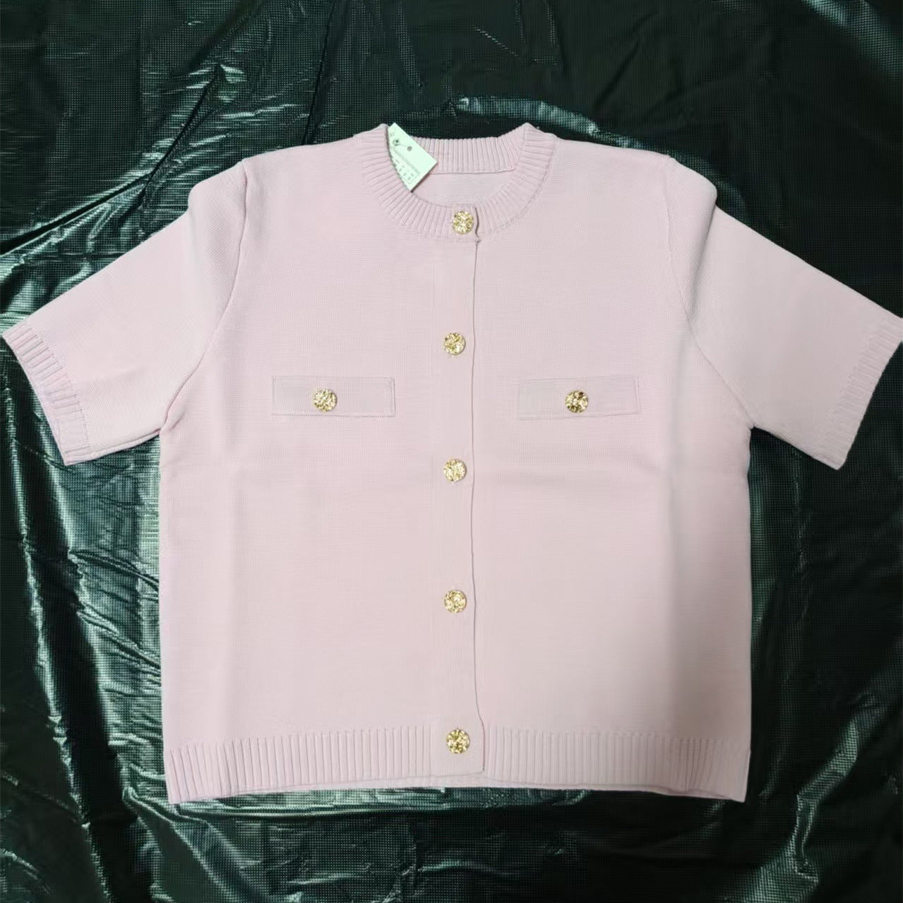 INDEFEIR Women's Burgundy Knit Cardigan - Short Sleeve Button Down Sweater with Gold Jewel Buttons & Chest Pockets - Elegant Cropped Knitwear for Fall Winter - Ladies Luxury Knit Top