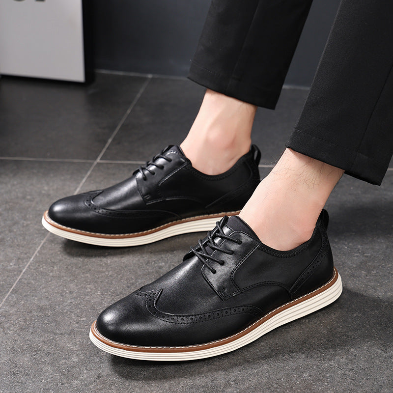Men's Brown Leather Brogue Oxford Shoes | Wingtip Lace-Up Casual Dress Shoes with White Chunky Sole | Smart Casual Derby Shoes