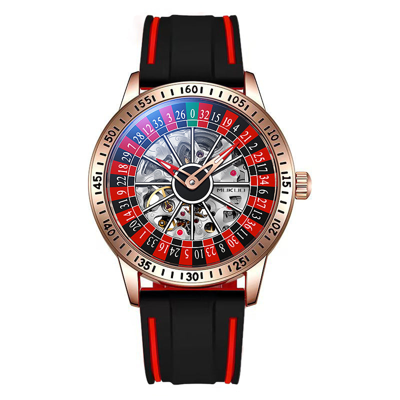 Roulette Wheel Skeleton Watch Men | Red Blue Casino Dial | Black Steel Bracelet | Hollow Tourbillon Style Automatic Watch