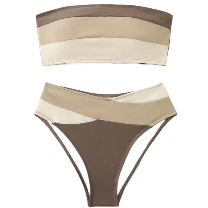 Completo Bikini Fascia Color Block Bianco e Nero, Top Senza Spalline e Slip a Vita Alta, Costumi da Bagno Donna a Contrasto Audace, Costume da Bagno Sportivo Chic da Spiaggia, Costume da Bagno Due Pezzi Minimalista
