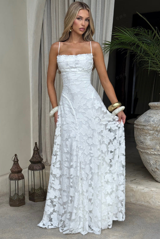 Burgundy Lace Floral Maxi Dress | Spaghetti Strap A-Line Formal Evening Gown