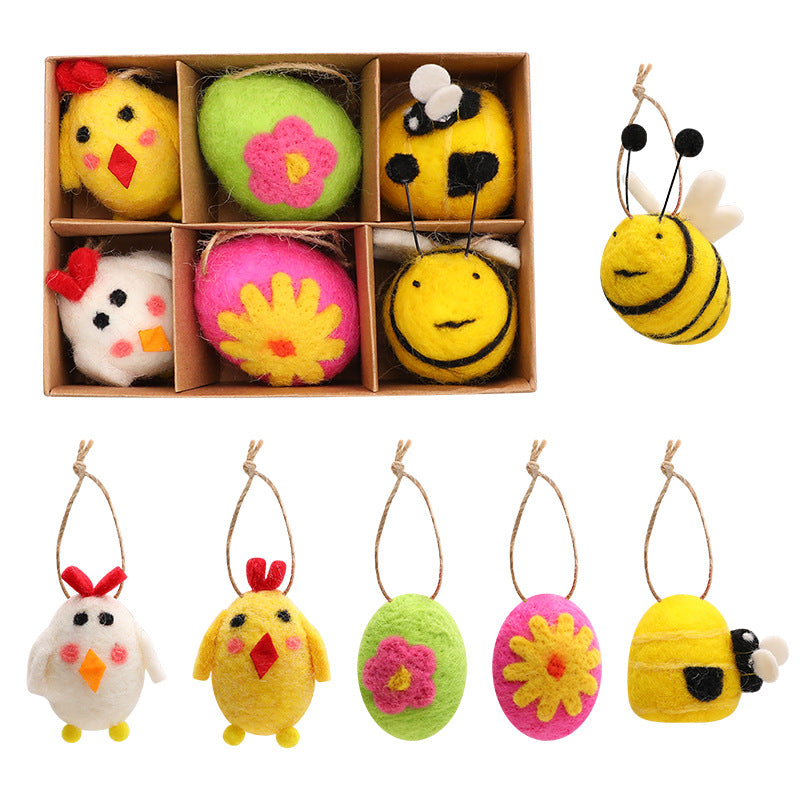 Felt Wool Easter Ornament Set 6pc | Handmade Chick Bee & Flower Egg Hanging Decorations | Spring Tree & Home Decor