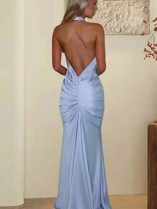 Yellow Satin Halter Neck Deep V Maxi Dress | Women's Ruched Backless Evening Gown
