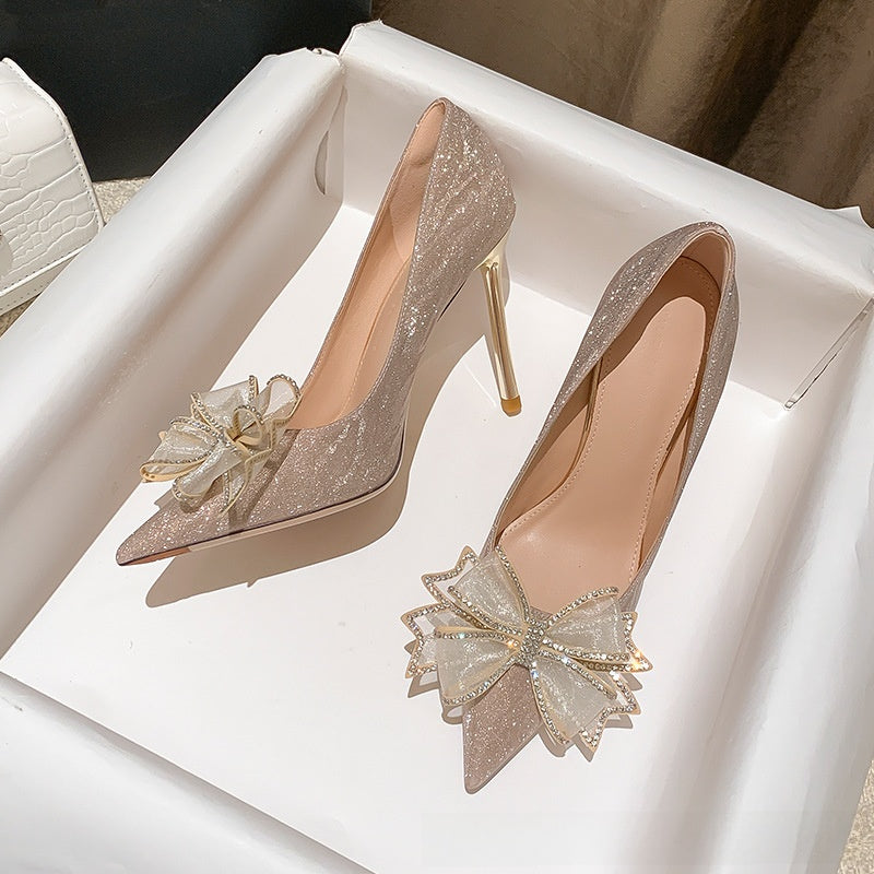 Champagne Gold Shimmer Stiletto Pumps with Crystal Bow Detail | Pointed Toe Luxury Heels for Women | Bridal Wedding Prom Evening Shoes