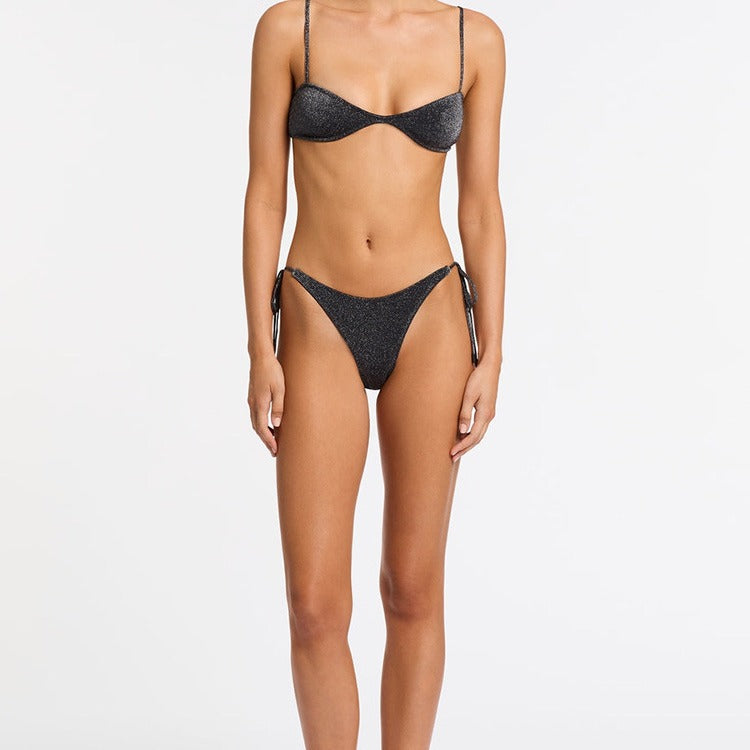 Black Glitter Bikini Set, Sparkle Underwire Bandeau Top & Tie Side Bottom, Women Metallic Shimmer Swimwear, Luxury Bling Two Piece Swimsuit, Beach Party Bathing Suit