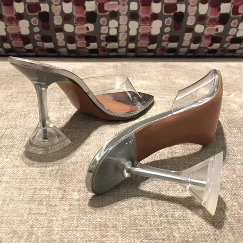 Clear PVC Transparent Sculptural Flared Heel Mule Sandals | Women's Lucite Open Toe Slip-On High Heel Shoes