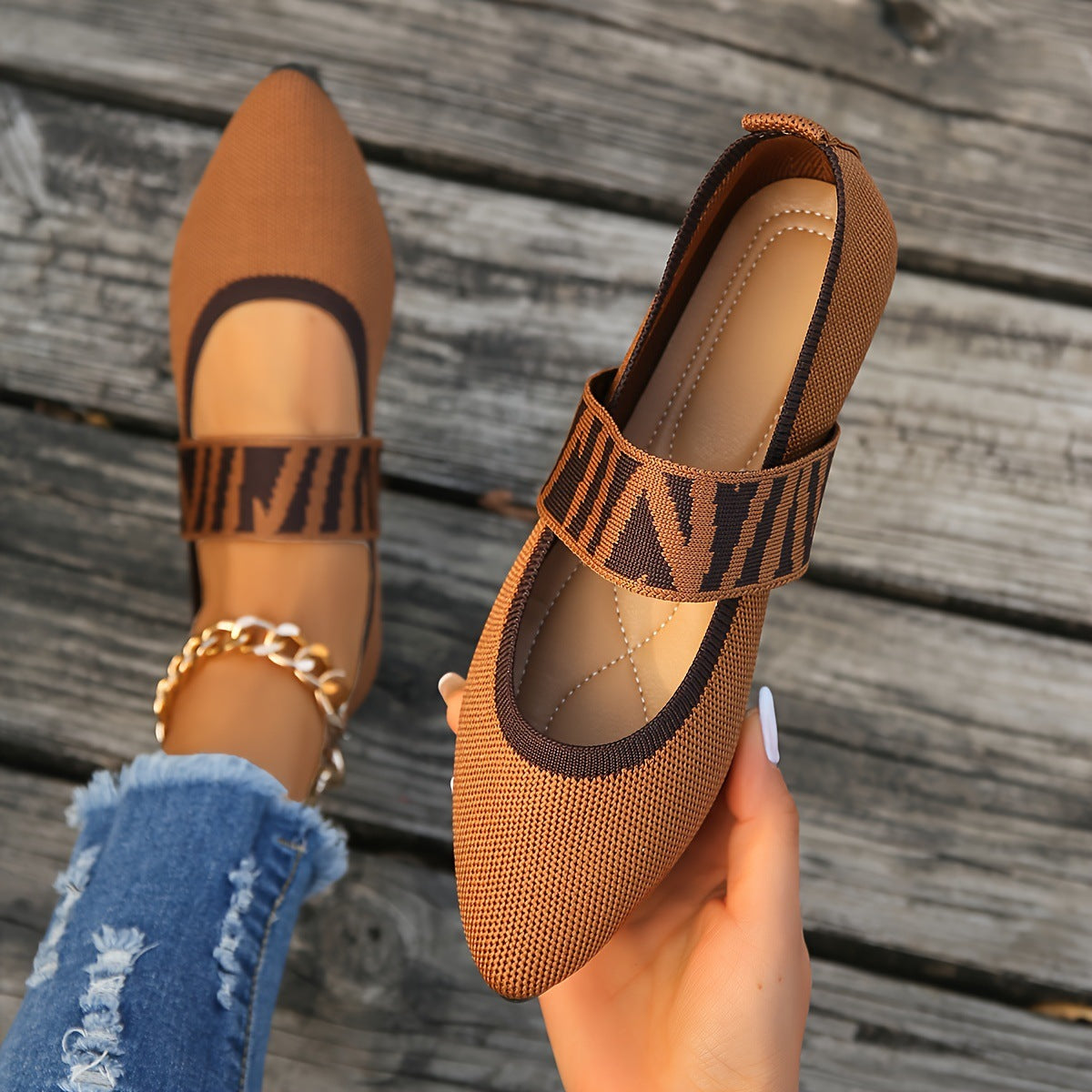 Black Knit Pointed Toe Flats Women Geometric Stripe Strap Slip-On Breathable Ballet Shoes Casual Daily