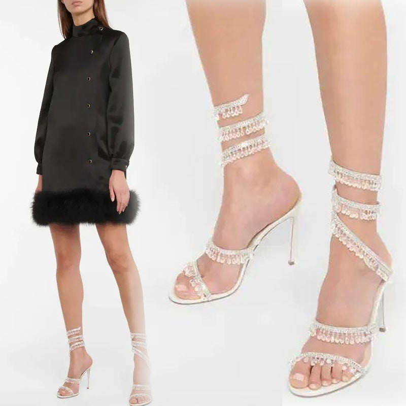 Champagne Nude Crystal Rhinestone Teardrop Fringe Spiral Wrap-Around Ankle Stiletto Sandals | Ultra Luxury Bridal Evening Heels for Women