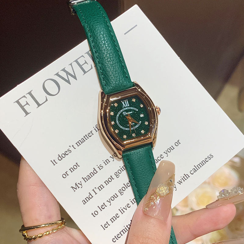 Dinimi Tonneau Watch Women | Black Starry Crystal Dial | CZ Diamond Markers Roman Numeral | Silver Case Black Leather Date Watch