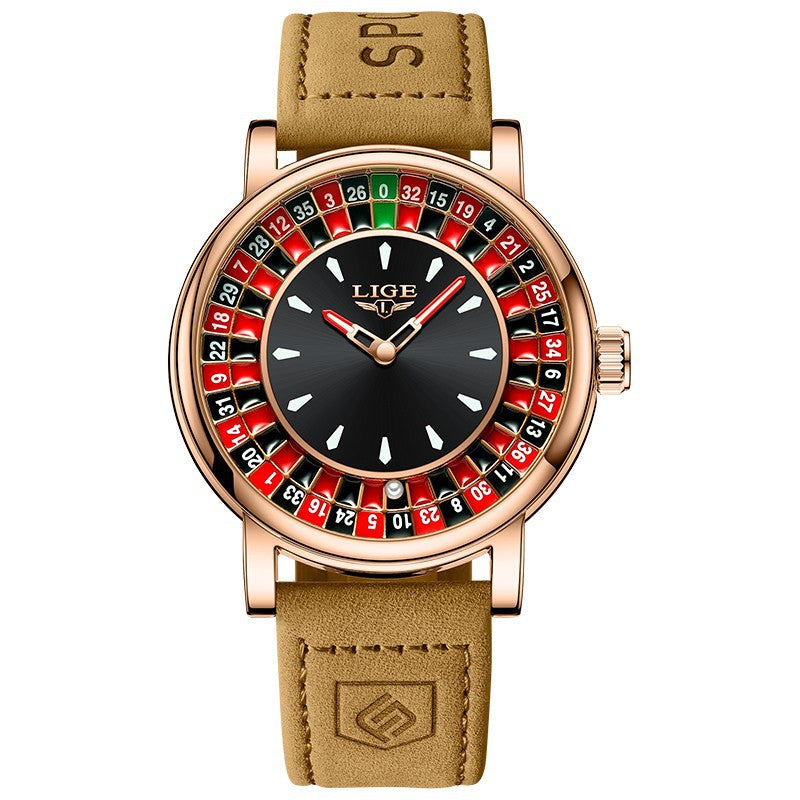 LIGE Casino Roulette Wheel Watch Men | Silver & Black Quartz Dress Watch | Leather Strap Novelty Gambling Timepiece Gift
