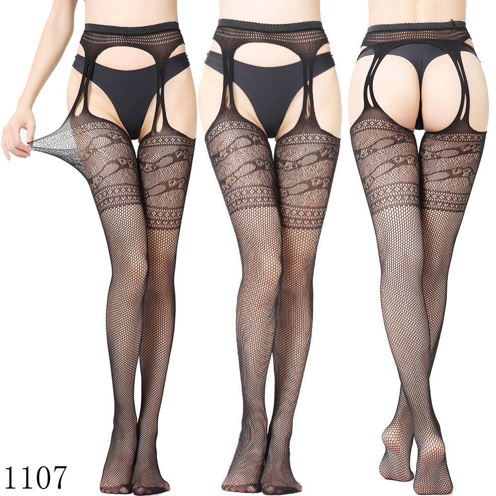 Black Fishnet Stockings with Garter Belt Set for Women | Lace Top Thigh High Stockings | Suspender Belt Set