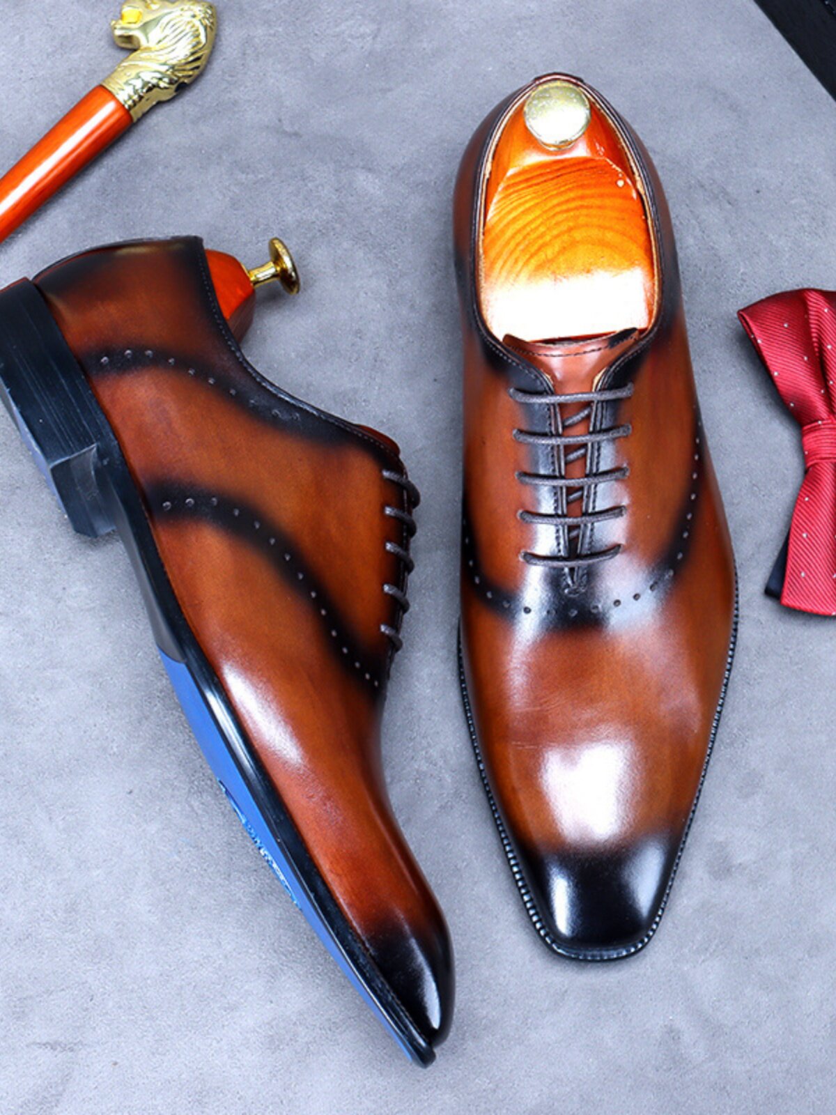 Men's Genuine Leather Oxford Dress Shoes | Black, Tan & Coffee Patina Lace-Up Formal Shoes