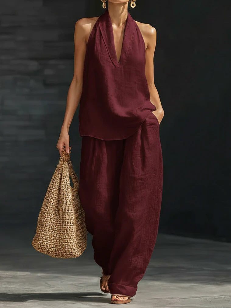 Women's 2 Piece Linen Halter Neck Top & Wide Leg Pants Set | Casual Boho Summer Co-Ord Outfit | Beach Vacation Loungewear | Burgundy