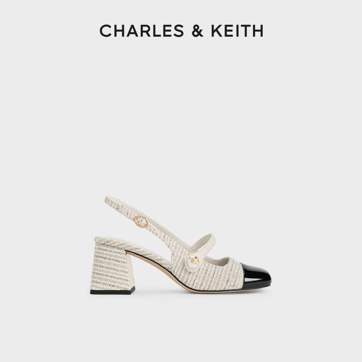 Ivory Black Cap Toe Mary Jane Slingback Block Heels for Women | Two Tone Pearl Button Strap Mid Heel Pumps | Elegant Vintage Inspired Block Heel Shoes | Chanel Inspired Cap Toe Heels
