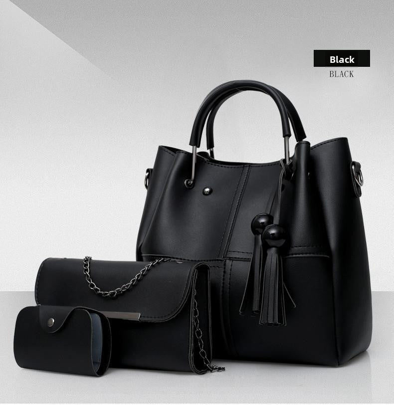 Black Leather Handbag Set 3-Piece with Tote, Chain Bag & Wallet | Women's Bag Collection