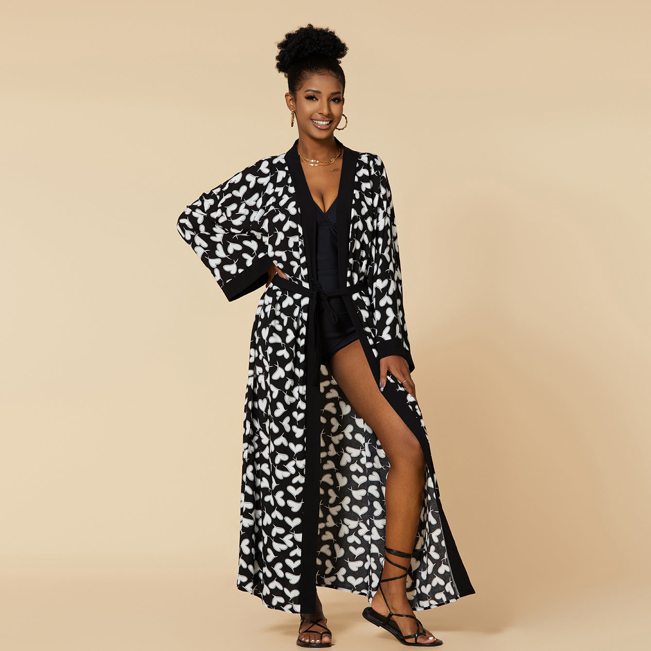 Women's Zebra Print Maxi Kimono Cover-Up | Long Belted Open Front Cardigan | Beach Pool Swimsuit Cover Up ? Black & White Animal Print