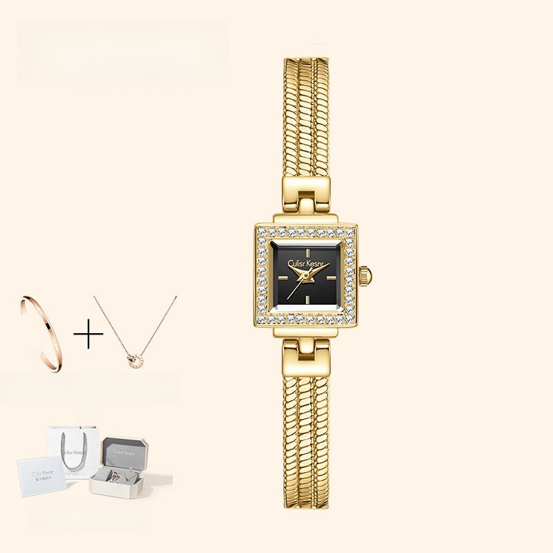 Women's Gold Square Crystal Bezel Watch | Diamond Pave Snake Chain Bracelet Champagne Dial Luxury Quartz Timepiece