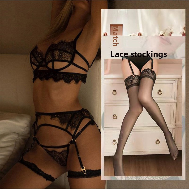 Black Strappy Lace Lingerie Set with Garter Belt | 3-Piece Cage Bra Harness Underwear Set