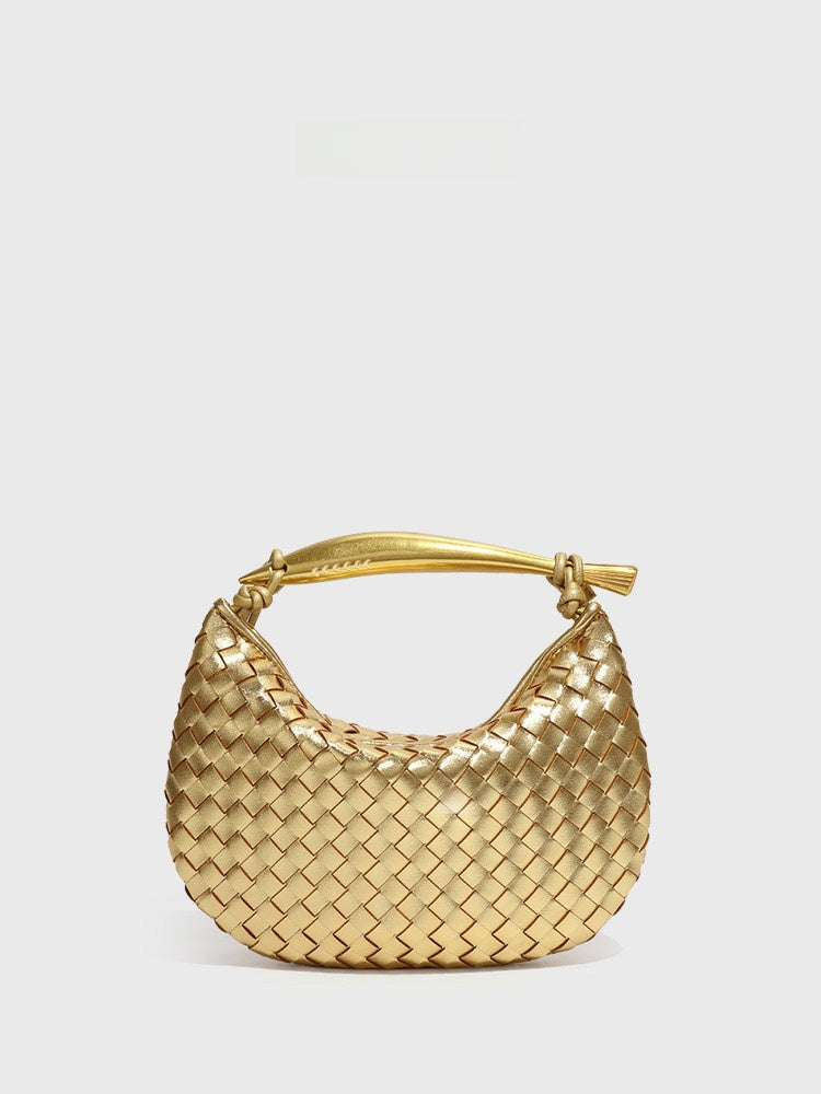 Burgundy Woven Leather Hobo Bag with Gold Handle | Intrecciato Crescent Shoulder Bag