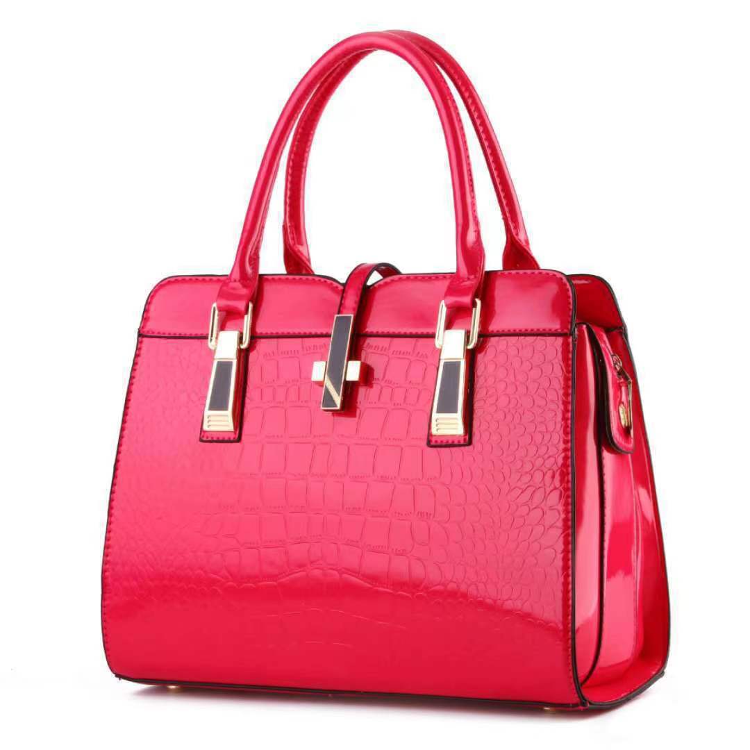 Black Patent Crocodile Embossed Handbag with Gold Hardware | Glossy Structured Tote
