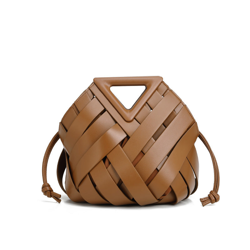 Gold Metallic Woven Basket Bag with Triangle Handle | Luxury Statement Handbag