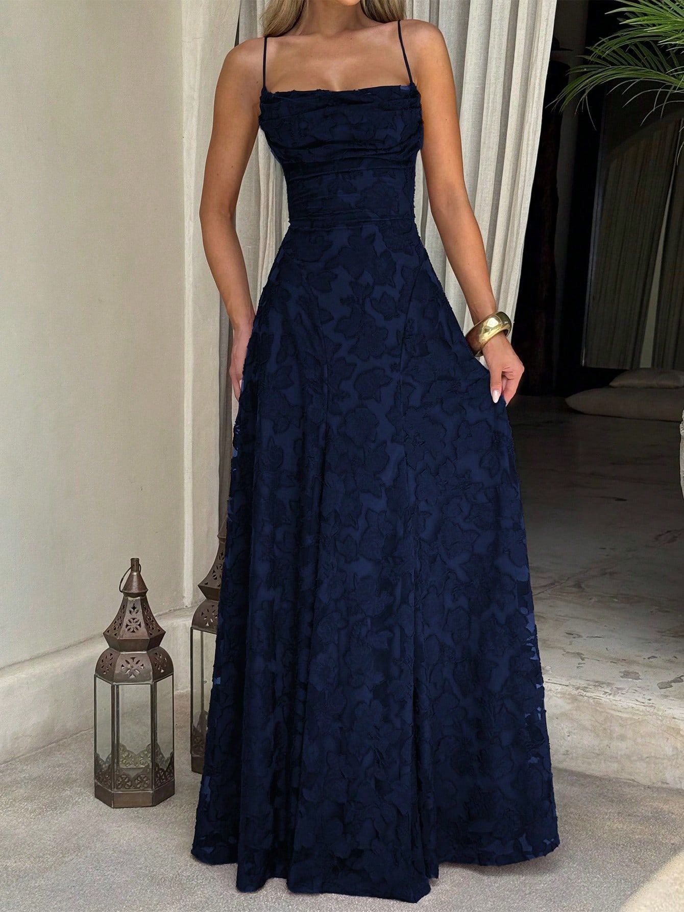 Burgundy Lace Floral Maxi Dress | Spaghetti Strap A-Line Formal Evening Gown