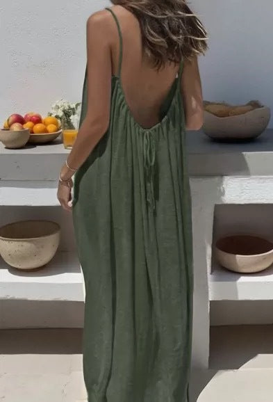Women's White Open Back Tie Maxi Dress Spaghetti Strap Flowy Loose Beach Sundress Boho Summer Vacation Dress