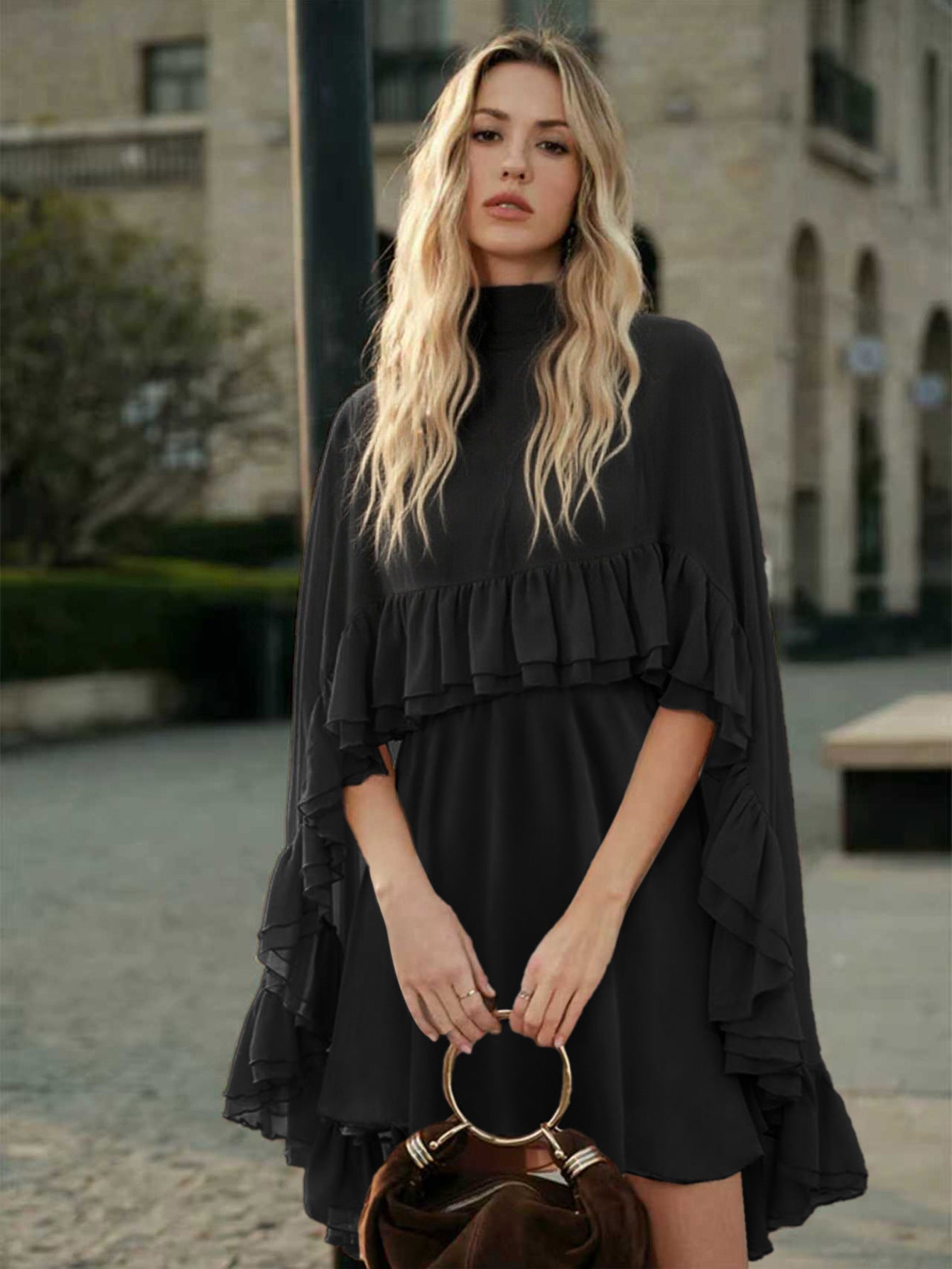 Brown Chiffon Ruffle Mini Dress | Mock Neck Long Sleeve Tiered Ruffle Flowy Short Dress for Women