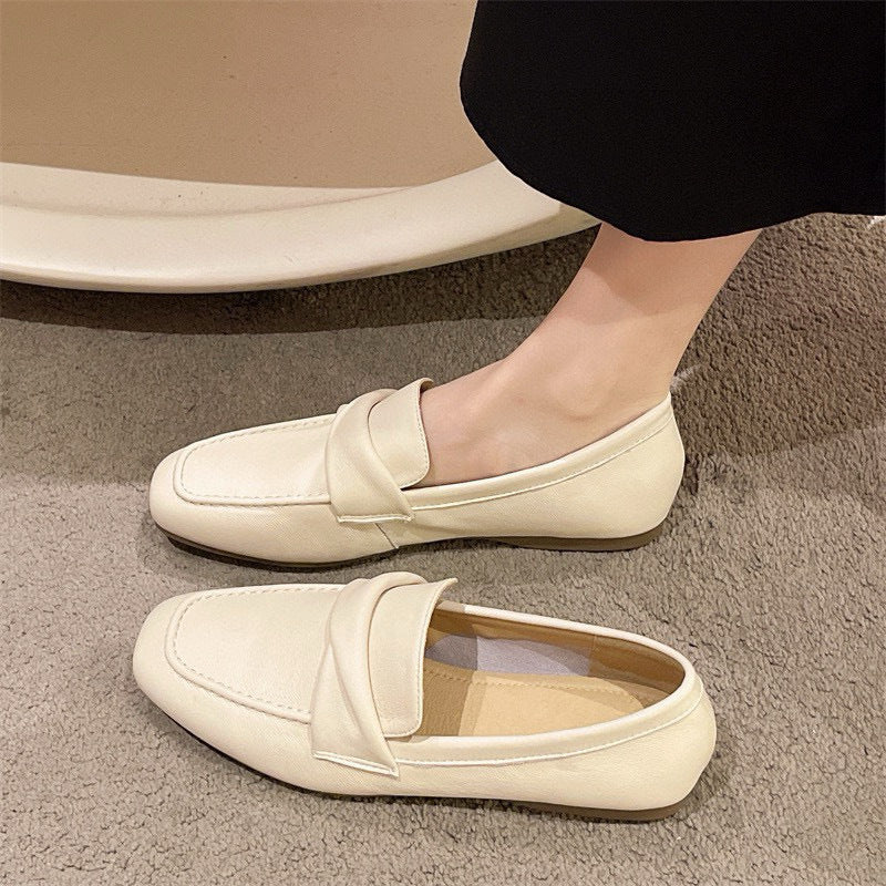 Cream Leather Square Toe Penny Loafers for Women | Minimalist Slip-On Flat Loafer Shoes | Ivory White Casual Everyday Loafers | Quiet Luxury Flat Shoes