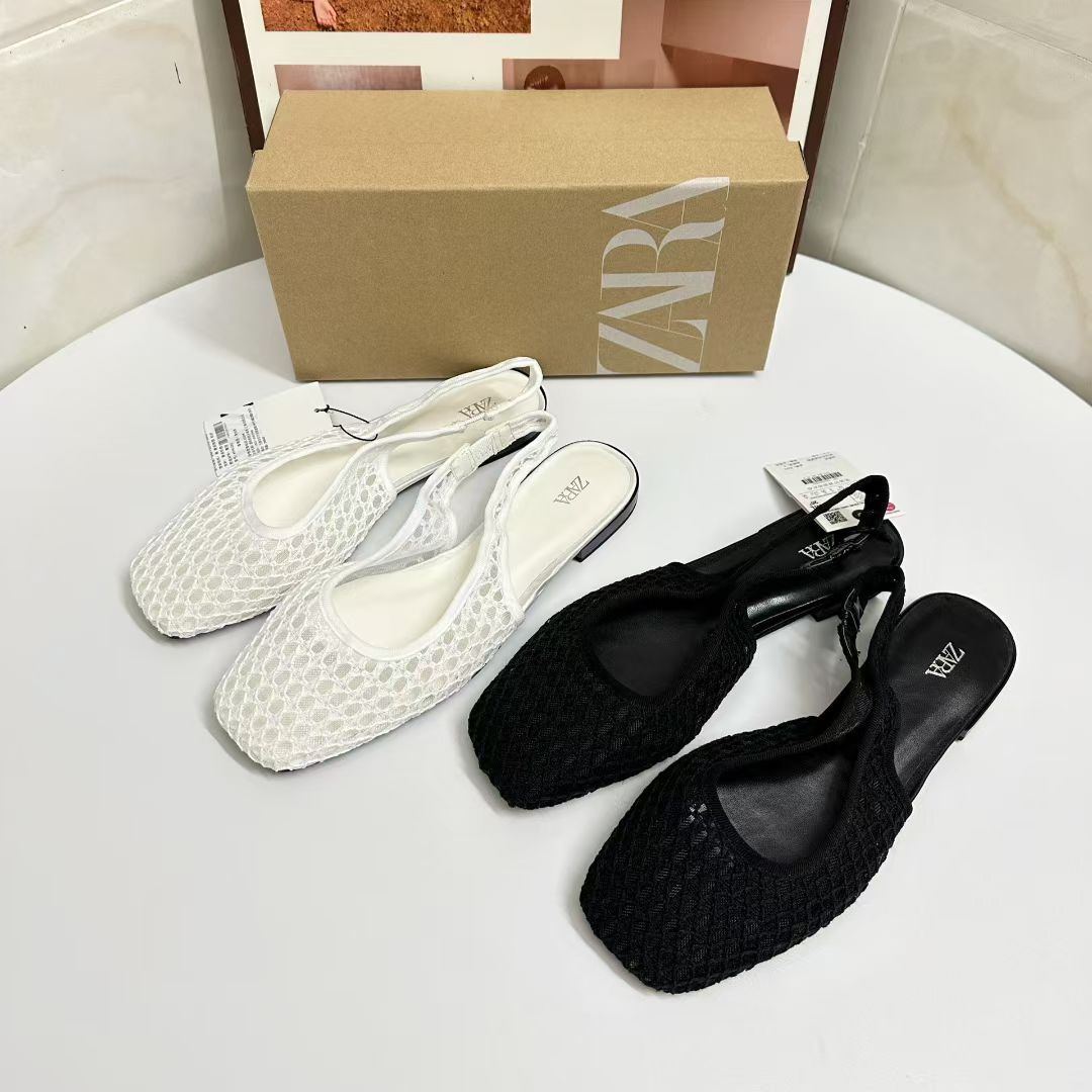 Zara Mesh Slingback Ballet Flats | White & Black Breathable Net Upper Flat Shoes for Women