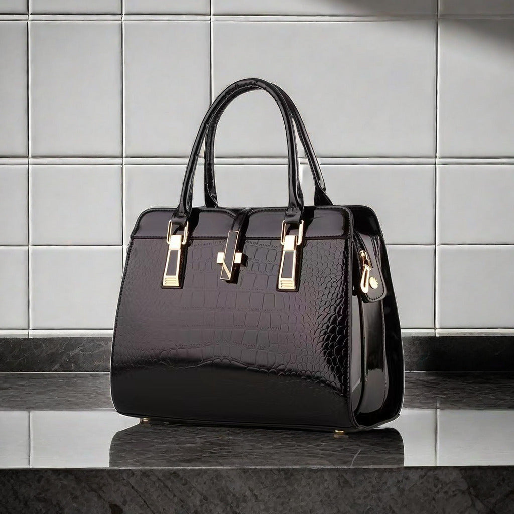 Black Patent Crocodile Embossed Handbag with Gold Hardware | Glossy Structured Tote