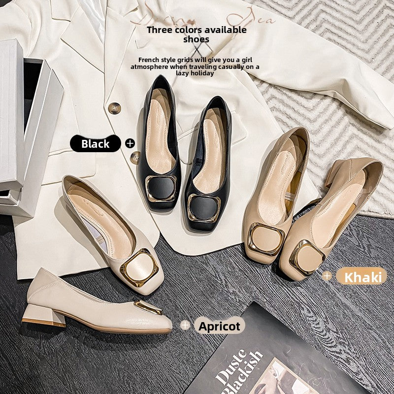 Cream Square Toe Gold Metal Buckle Pumps Women Slip On Mid Heel Elegant Office Party Dress Shoes