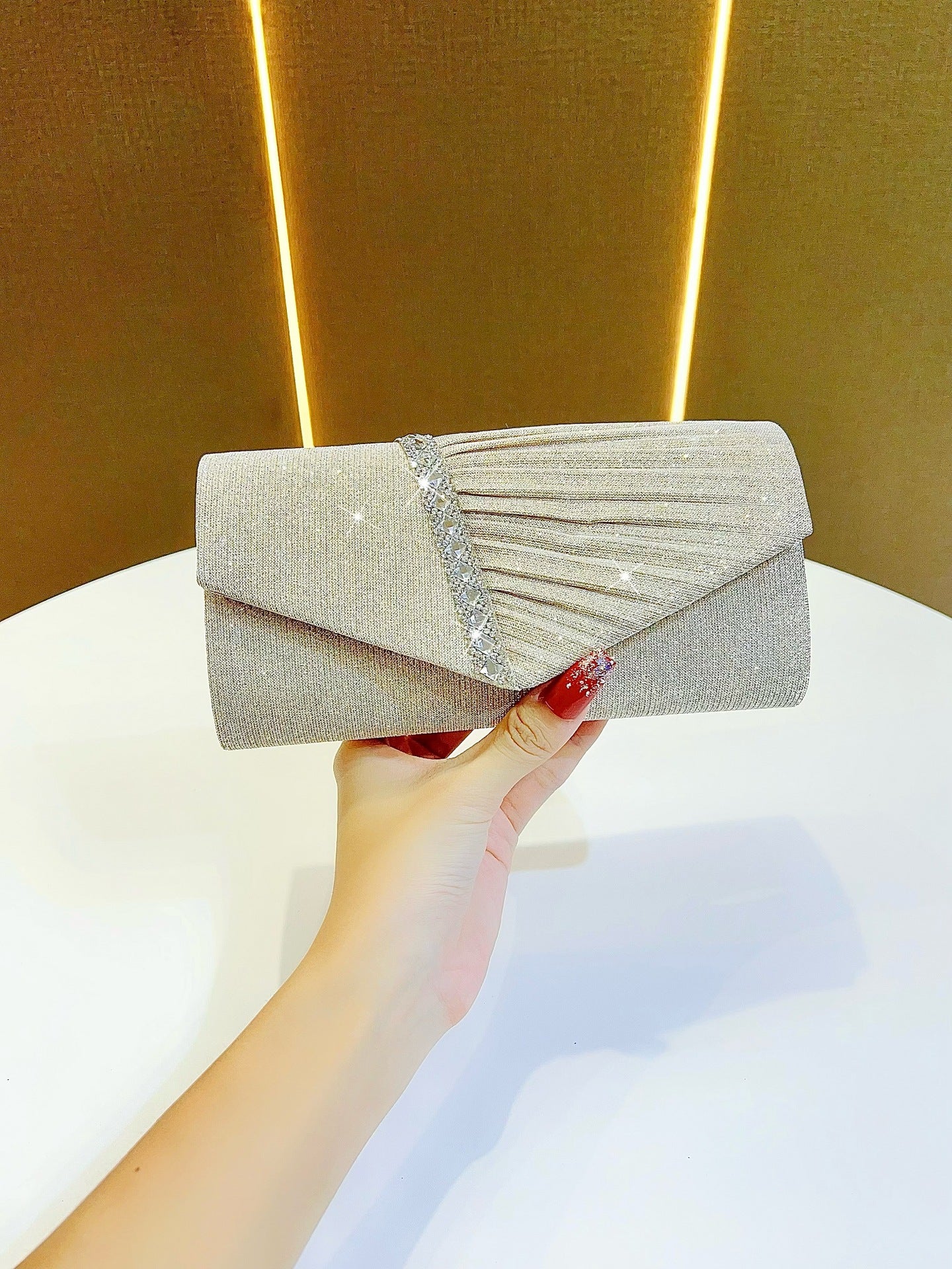 Silver Glitter Evening Clutch - Pleated Envelope Bag with Rhinestone Trim | Sparkly Formal Clutch for Weddings & Parties
