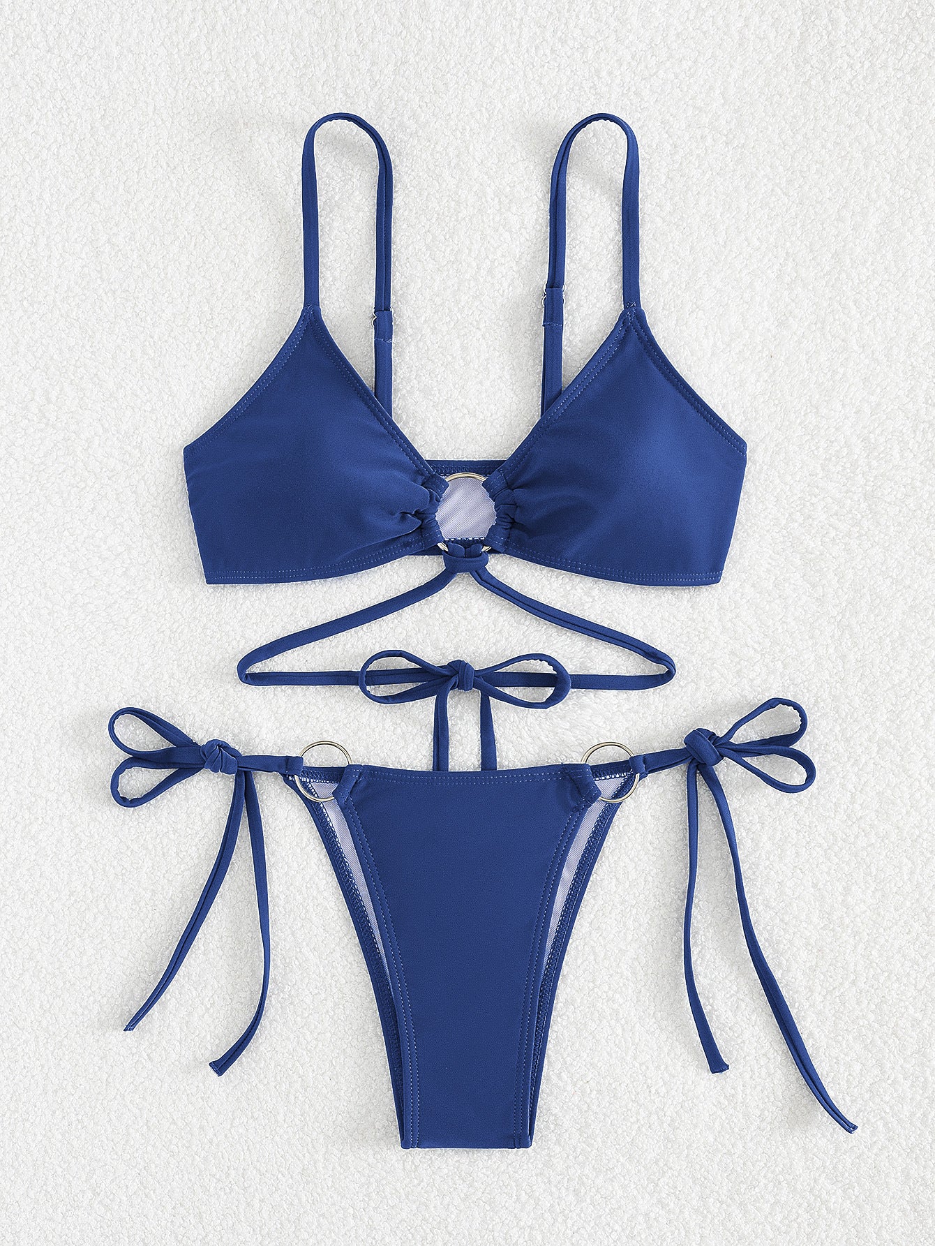 Set Bikini Con Anelli A O In Rosso Borgogna | Top Triangolo Con Anello Centrale E Slip Perizoma Con Anello Doppio E Laccetti | Costume Da Bagno Due Pezzi Sexy Con Spalline Per Donna