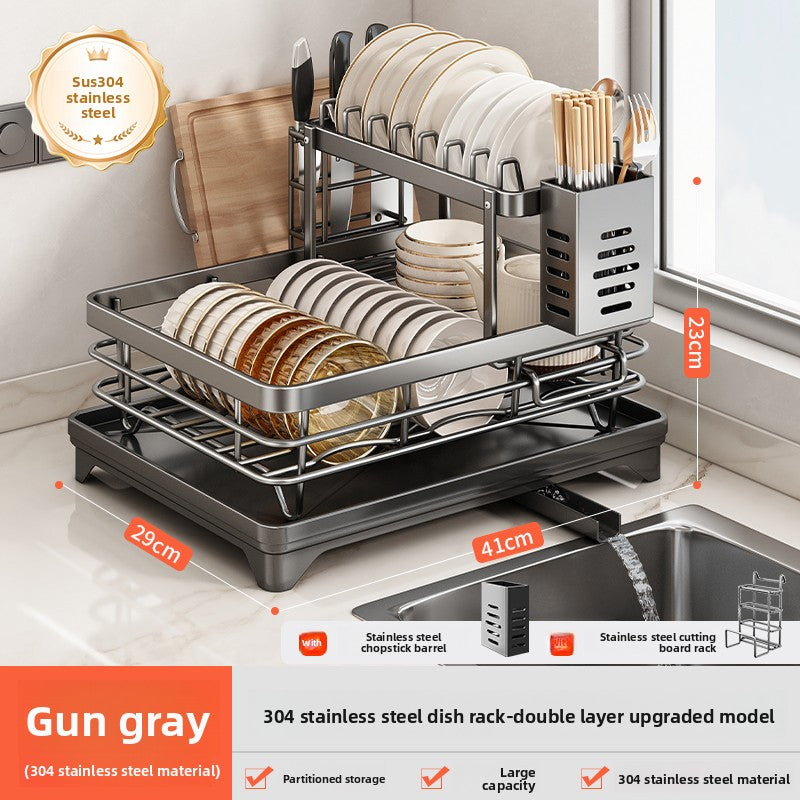 2-Tier Dish Drying Rack with Drainage | Large Capacity Kitchen Organizer with Cutting Board, Knife & Chopstick Holder | Countertop Dish Drainer
