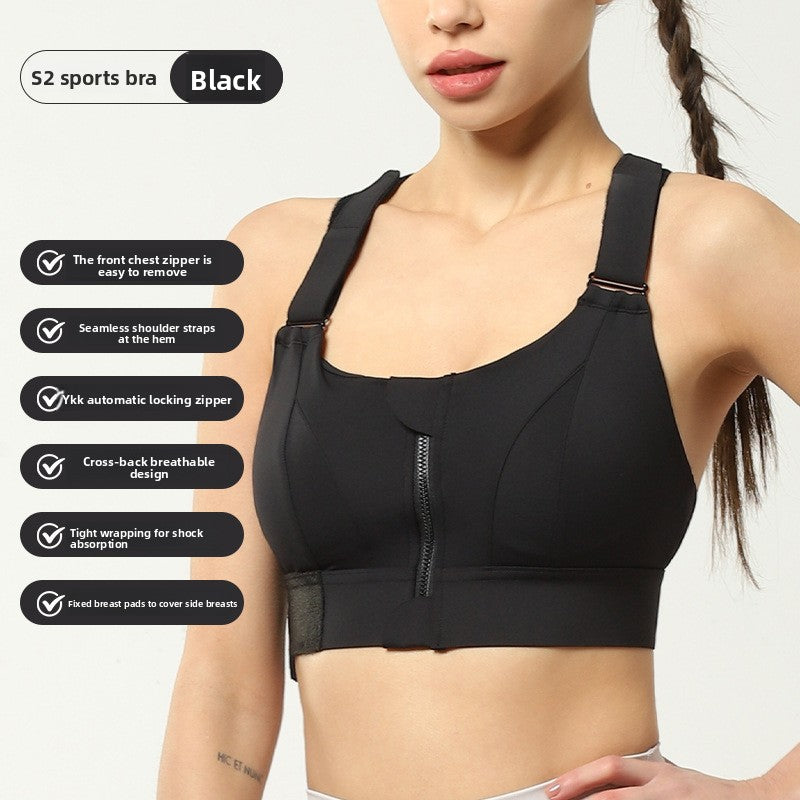 S2 High Impact Sports Bra with Front Zipper | YKK Auto-Lock Zipper, Cross-Back & Shock Absorption | Women's Workout Bra with Removable Pads ? Black