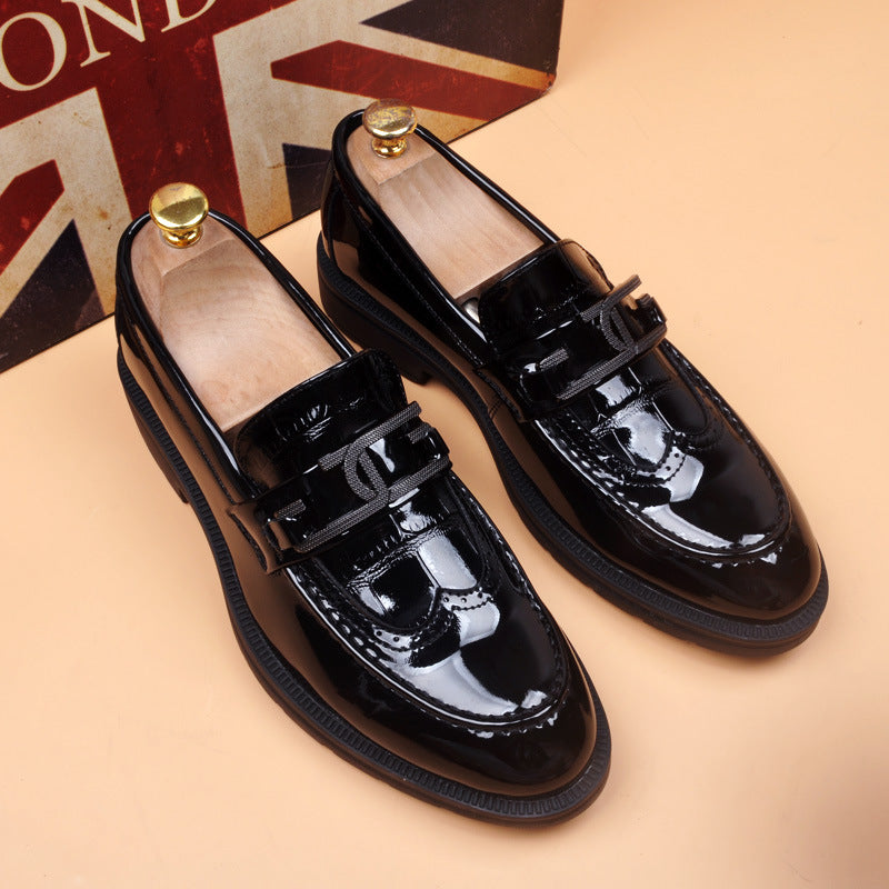 Men's Black Patent Leather Brogue Loafers | Decorative Buckle Strap Chunky Sole Slip-On Dress Shoes