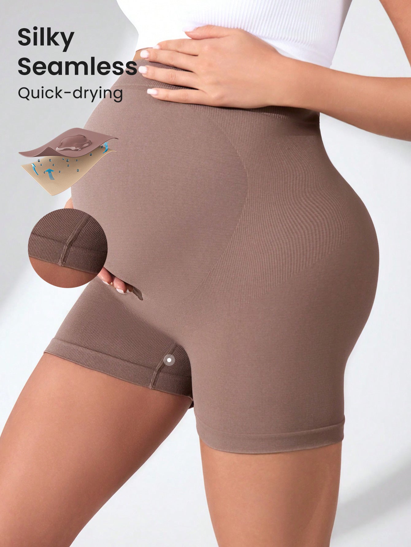 Seamless Quick-Dry Maternity Biker Shorts | High Waist Over Bump Pregnancy Shorts | Moisture Wicking Sculpting Active Bump Shorts | All Trimesters | Brown