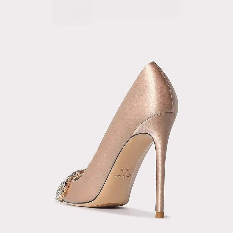Champagne Satin Crystal Buckle Stiletto Heels | Women's Pointed Toe Rhinestone Pumps