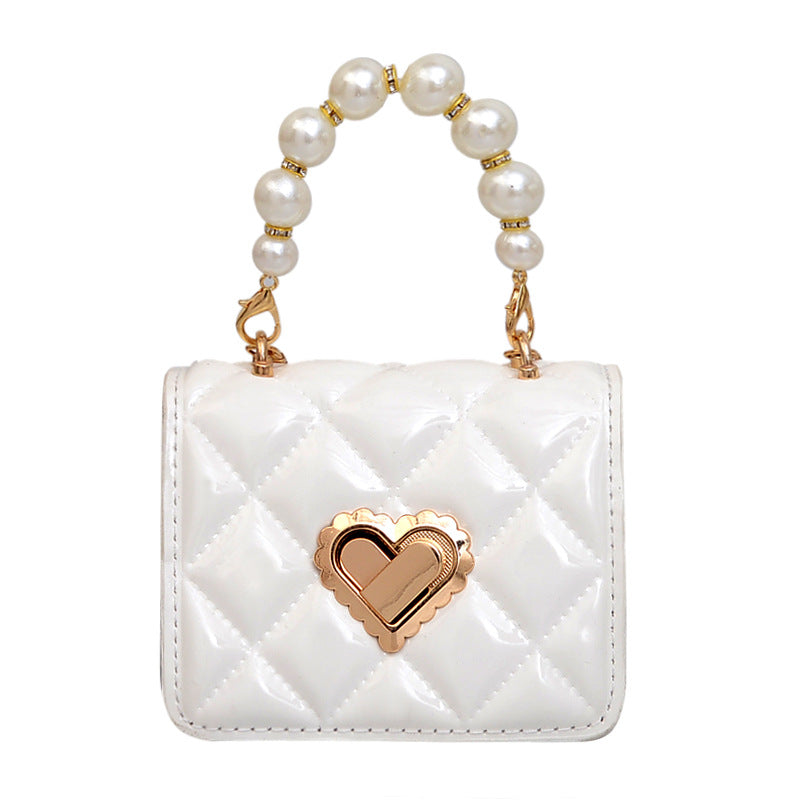 White Quilted Mini Bag with Pearl Handle - Heart Lock Closure Handbag | Elegant Evening Clutch with Gold Hardware