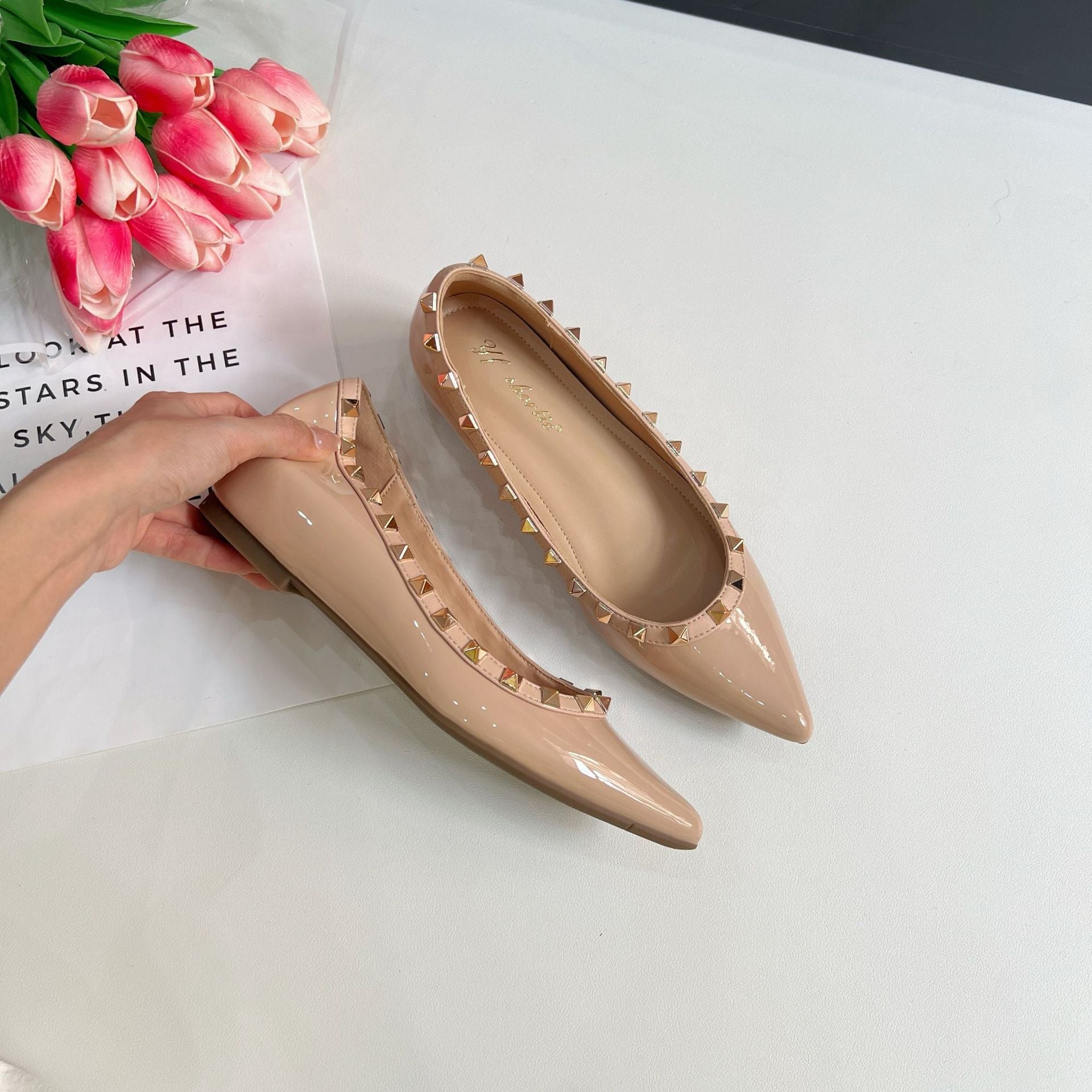 Black Patent Leather Studded Strap Pointed Toe Flats | Women's Rockstud Ballet Slingback Shoes