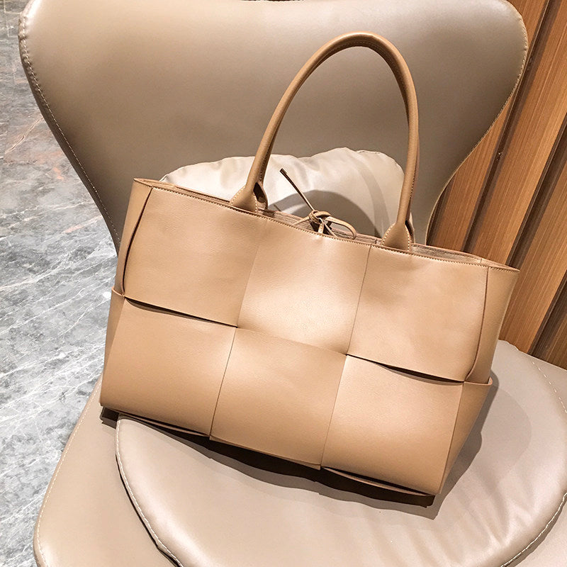 Women's Genuine Leather Woven Tote Bag - Large Intrecciato Weave Handbag in Tan Cognac Brown - Luxury Structured Top Handle Shopper Bag - Designer Inspired Everyday Work Bag