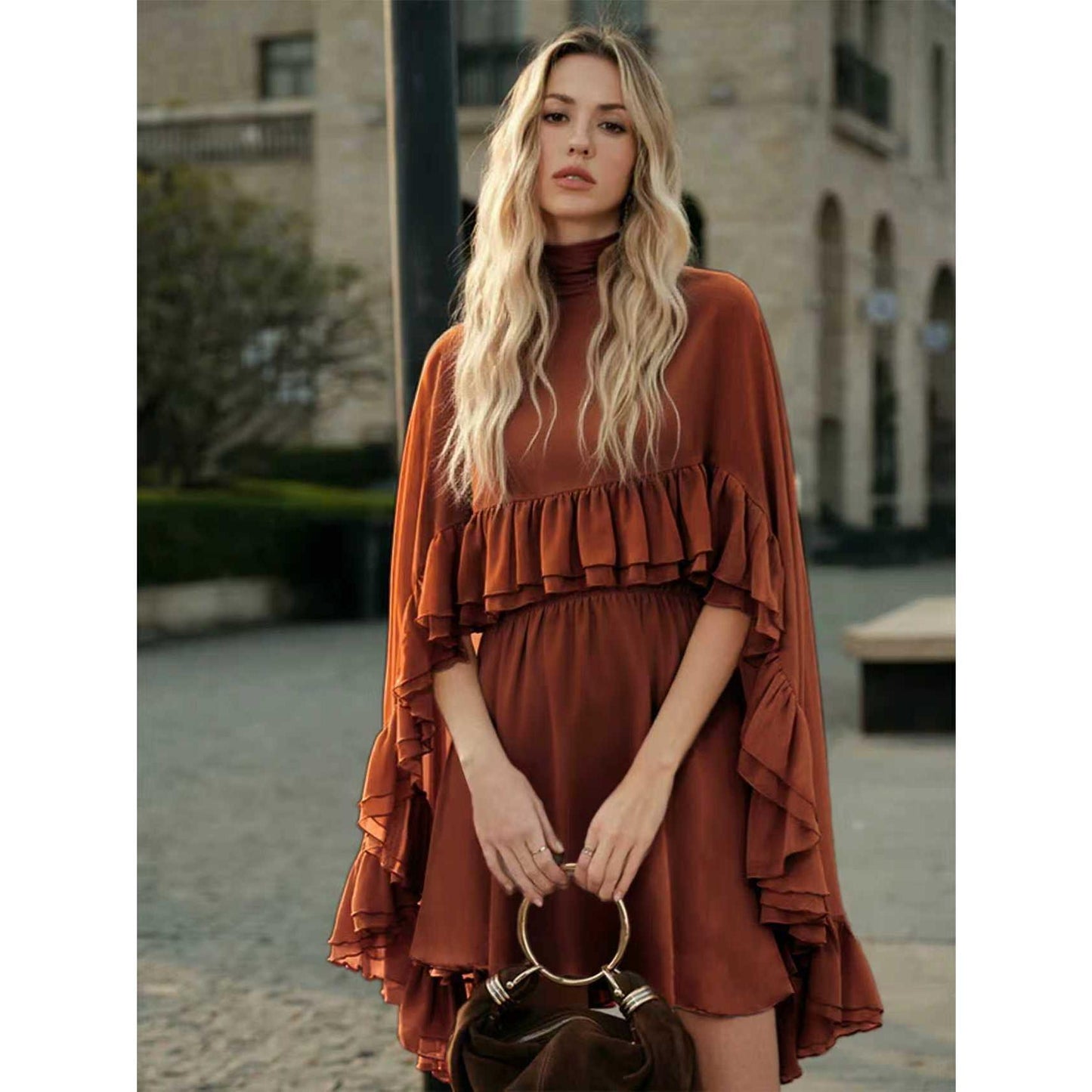 Brown Chiffon Ruffle Mini Dress | Mock Neck Long Sleeve Tiered Ruffle Flowy Short Dress for Women