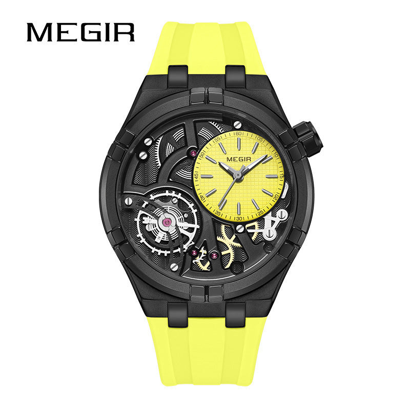 MEGIR Skeleton Watch for Men | Rainbow Dial Luxury Sport Quartz Watch Black Silicone
