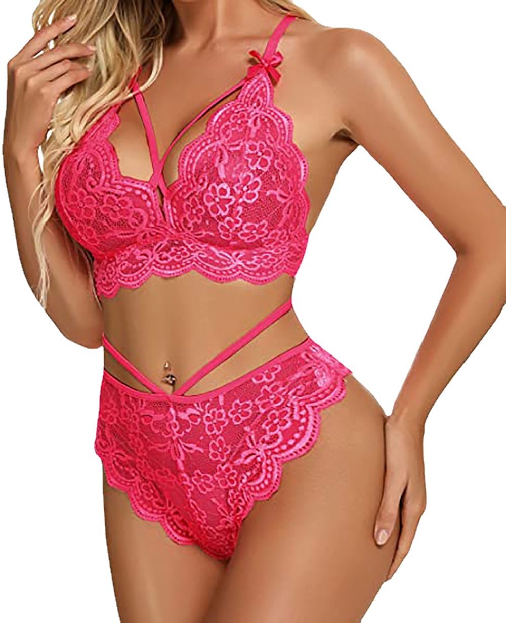 Women's Black Floral Lace Strappy Cross Bralette & High Waist Panty Set ? Sexy 2-Piece Scallop Trim Lingerie Set