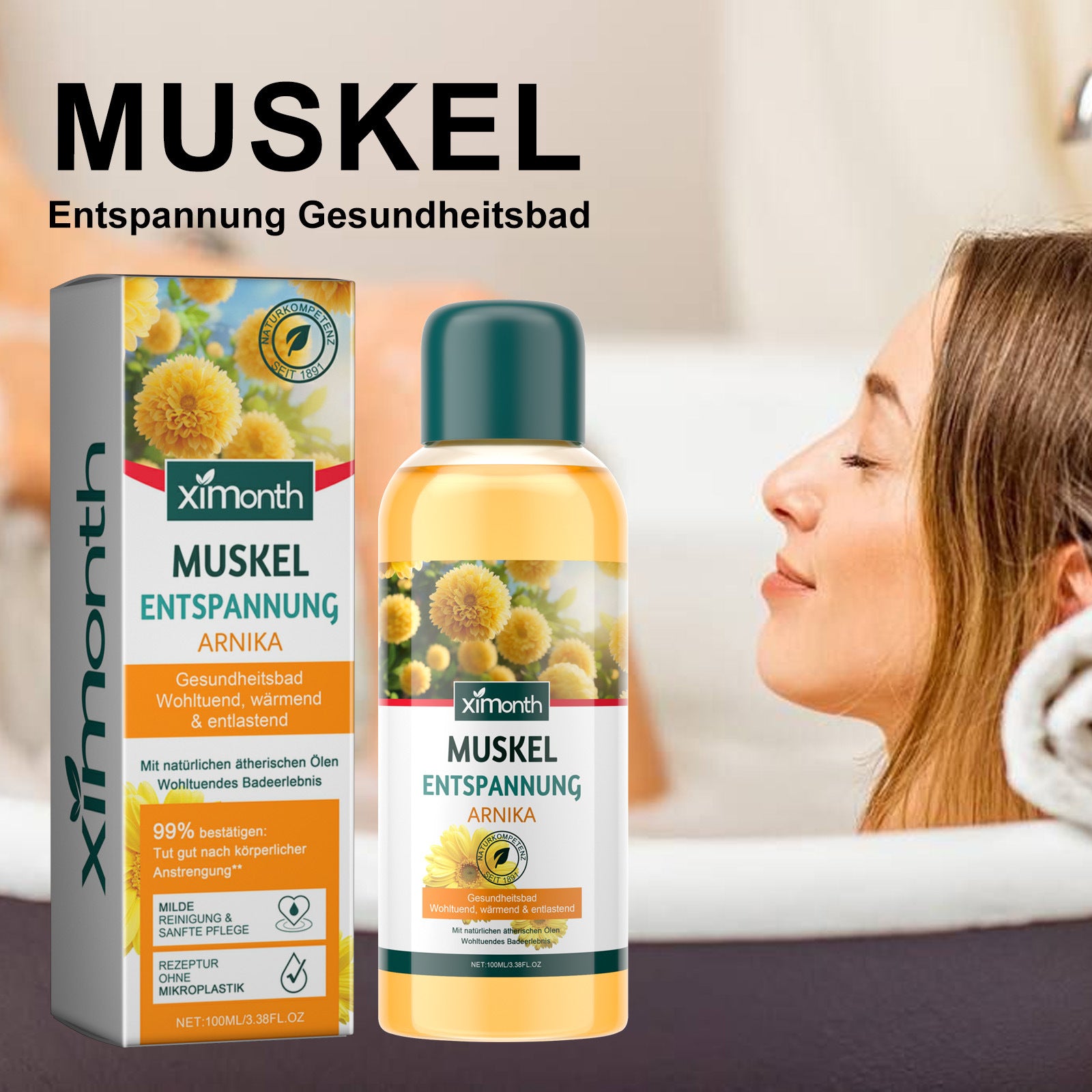 Ximonth Arnica Muscle Relaxation Bath Oil 100ml - Warming Soothing Health Bath with Natural Essential Oils - Microplastic Free Formula for Post-Workout Recovery & Muscle Relief
