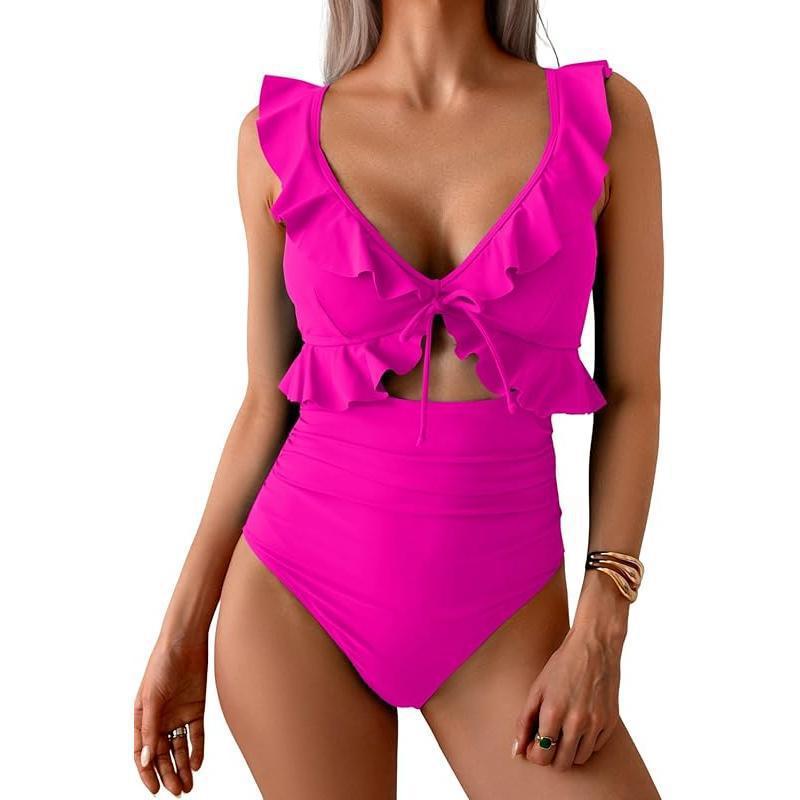 Teal Ruffle V-Neck Tie Front Cutout One Piece Swimsuit | High Waist Ruched Monokini | Women's Elegant Swimwear