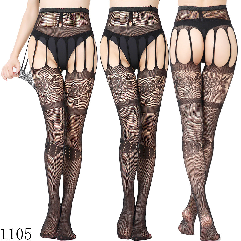 Black Fishnet Stockings with Garter Belt Set for Women | Lace Top Thigh High Stockings | Suspender Belt Set