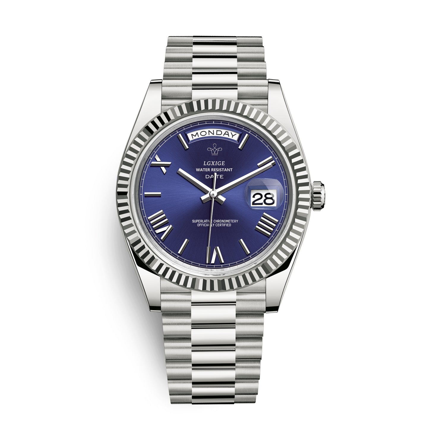 LGXIGE Men's Gold Day-Date Watch | Champagne Dial Fluted Bezel Presidential Bracelet Roman Numeral Luxury Watch